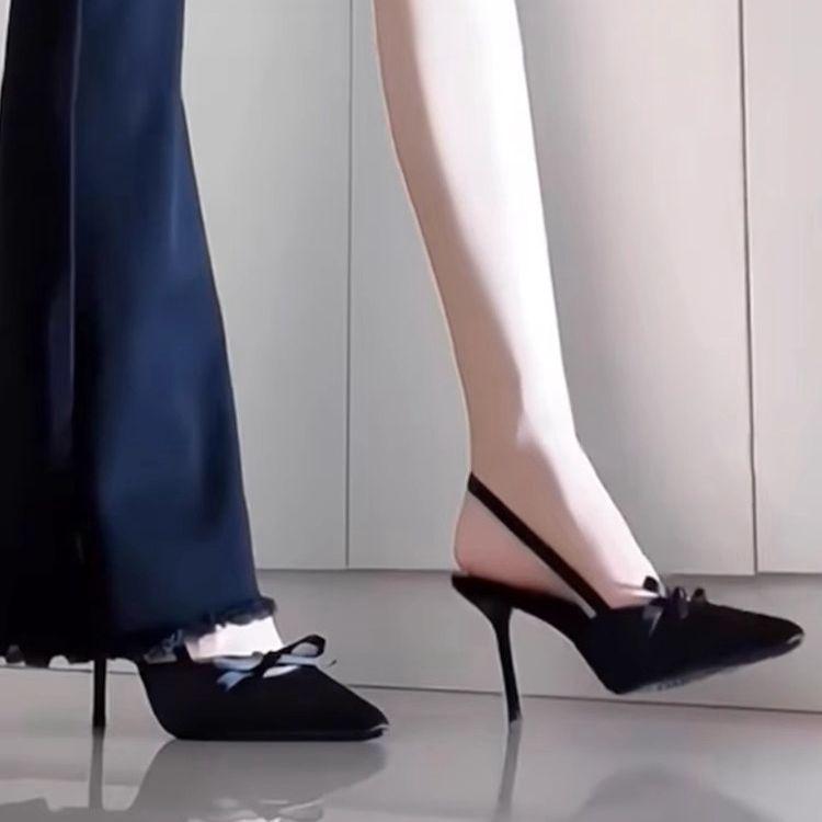 Autumn New Niche Satin Single Shoes French Premium Sandals Femininity Thin Heel Bow Silver High Heels