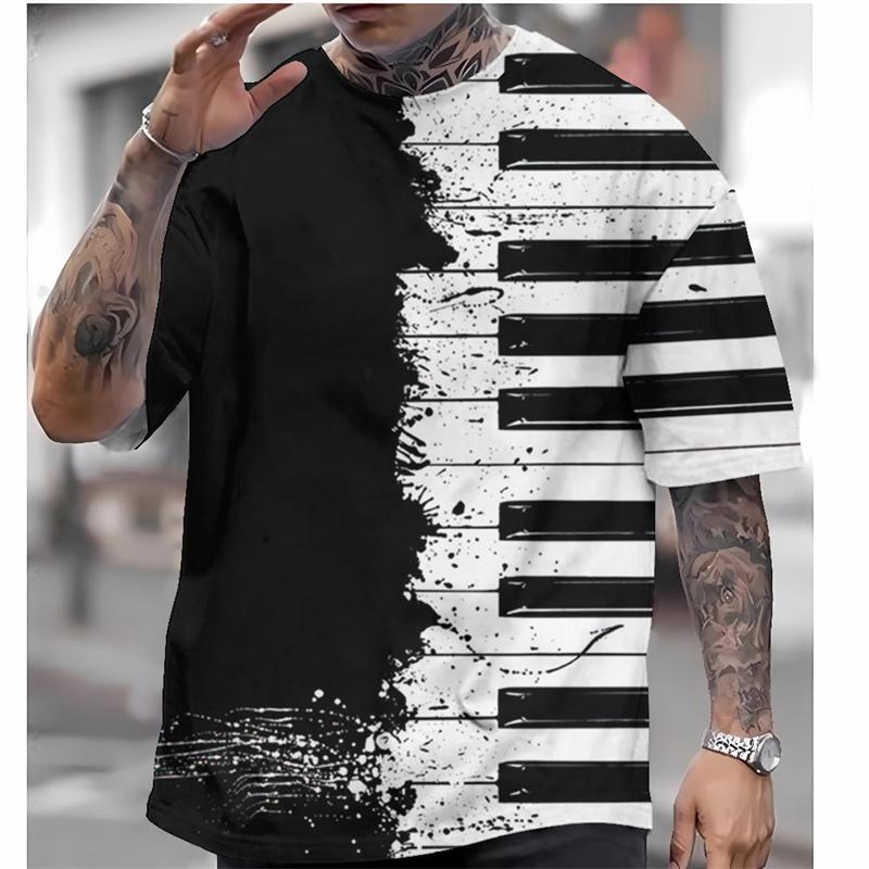 Fashionable piano key pattern T-shirt, summer popular short sleeved round neck 3D note printed T-shirt, simple casual loose T-shirt