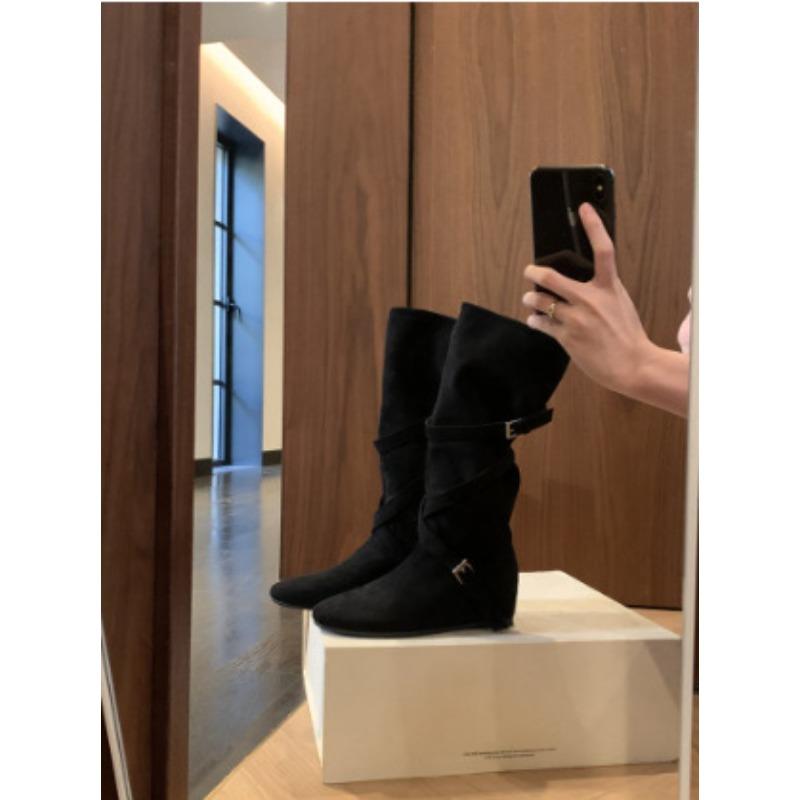 Herbst und Winter Höhe Zunahme cm~ runde Zehen flacher Boden Wildleder Stiefel mit Schichtabsatz mittelhohe Stiefel Damen Stiefel mit dicker Sohle