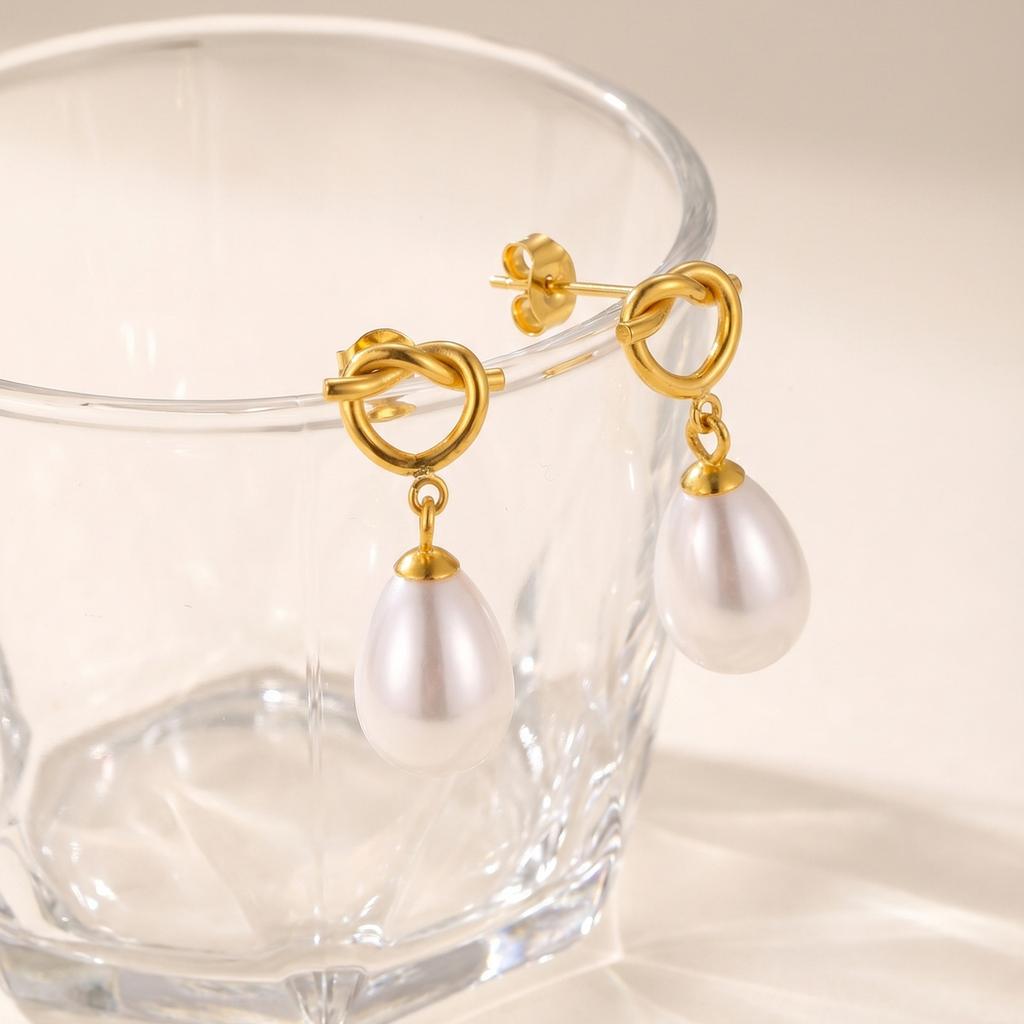 Drop Earrings with Knot Teardrop Pearl, 18K Gold Plated Stainless Steel Dangle Jewelry, Waterproof Anti-Tarnish Party Gift