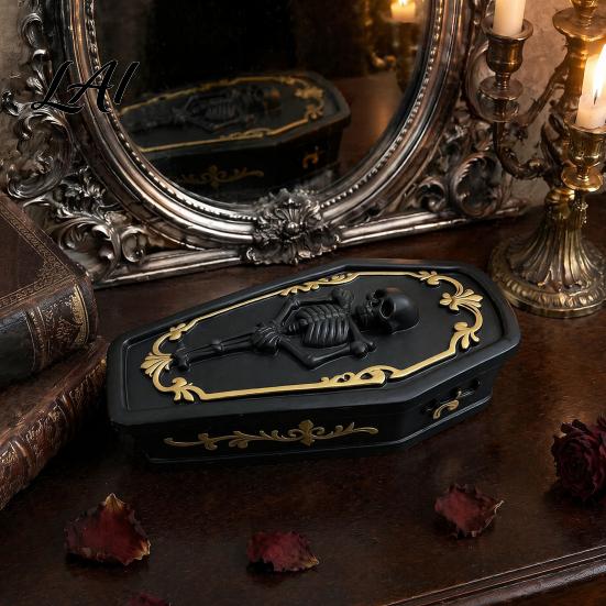 Halloween Atmosphere Prop Gothic Skull Casket Jewelry Box Resin Spooky Storage Figurine for Holder Rings Dark Tabletop Organizer Unique Gift