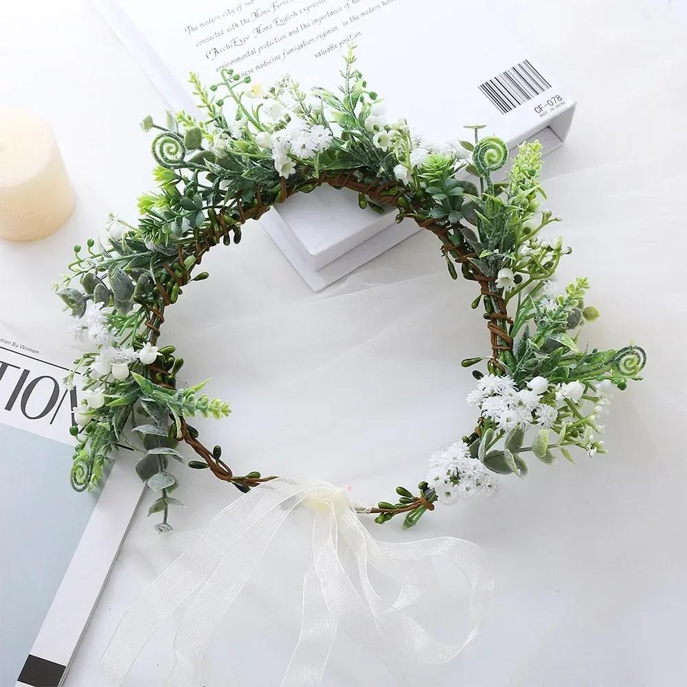 Bohemian Festival Wedding Flower Crown Photo Props Rose Green Leaf Floral Headpiece Hair Wreath Spring