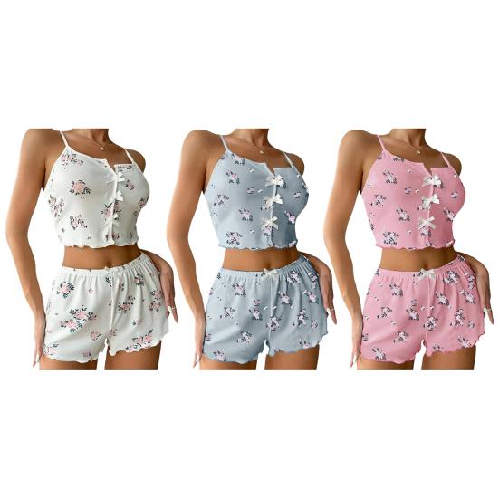 Damen-Pyjama-Set Gerippt Floral Rüschen 2-teilig Nachtwäsche Crop Cami Top und Shorts Weiche Pyjamas Loungewear Set