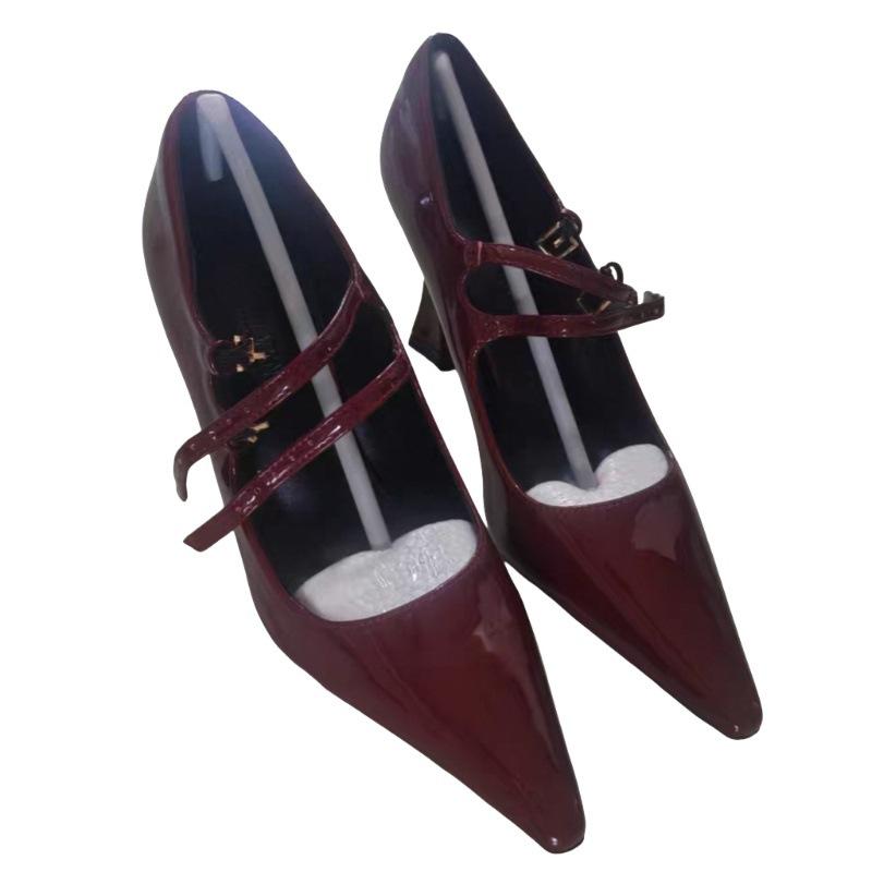 Black Patent Leather Sexy Versatile One-word Buckle with High Heels Women's 2025 New French Light Mouth Thick Heel Pointed Single Shoes
