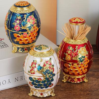 Automatic Push-type Toothpick Box Alloy Enameled Peacock Toothpick Organizer Holder Display Party Desktop Decoration Unique Gift