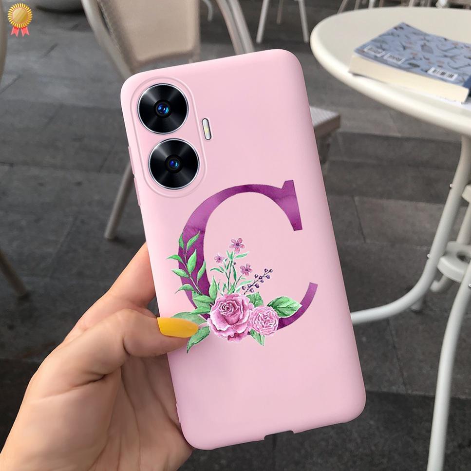 For Realme C55 C 55 6.72'' Case Delicate Cute Letters 3D Crown Flowers Matte Shockproof Soft TPU Silicone Phone Case Back Cover