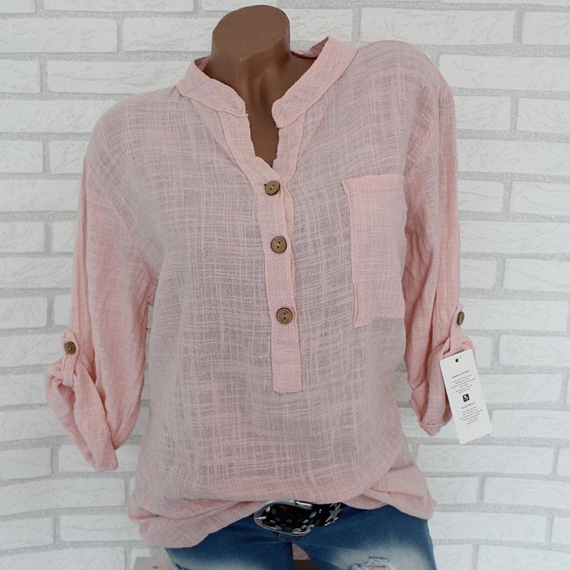 Spring Autumn Cotton Linen Shirts Women Roll Long Sleeve Plus Size Shirt Solid Color Buttons V Collar Pocket Tops