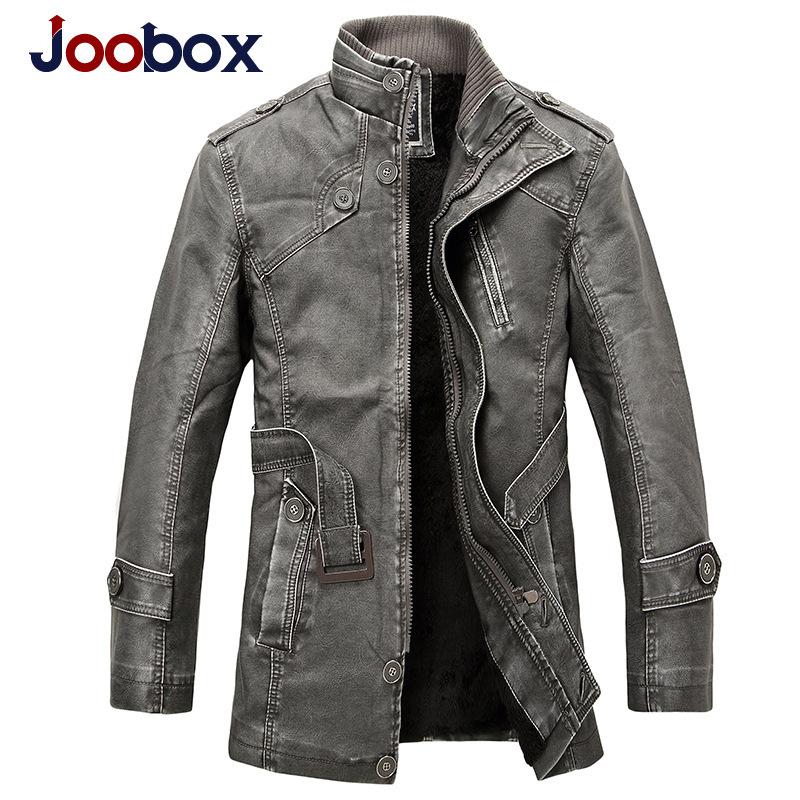 JOOBOX Men's Men's Leather Jacket Slim Stand Collar Mid-Length Washed Motorcycle Leather and Velvet Windbreaker