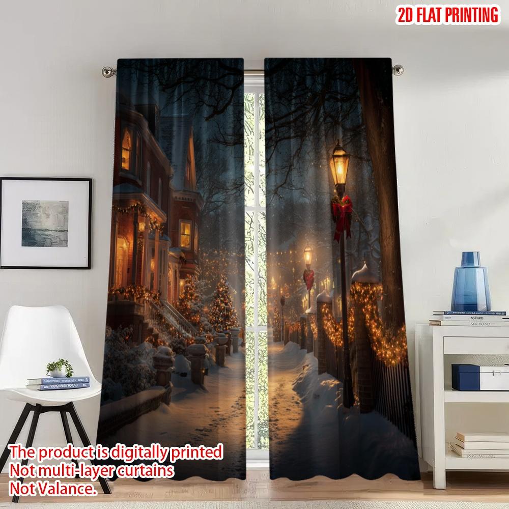 

2pcs 2D flat printing Merry Christmas Party Curtains Cozy Winter Christmas Lane Digital Printed Polyester Drapes Birthday Party 100*130 HOOK 1pcs