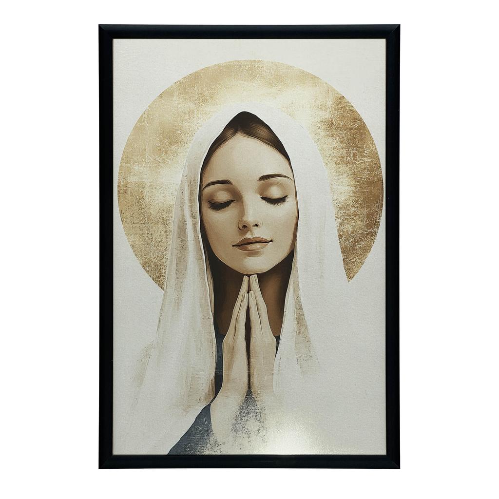 Modlitwa Matki Boskiej Z Złotą Aureolą Modlitwa Matki Boskiej Z Złotą Aureolą, 30X40 Cm, Rama Aluminiowa Czarna, Papier Matowy 230 Gsm
