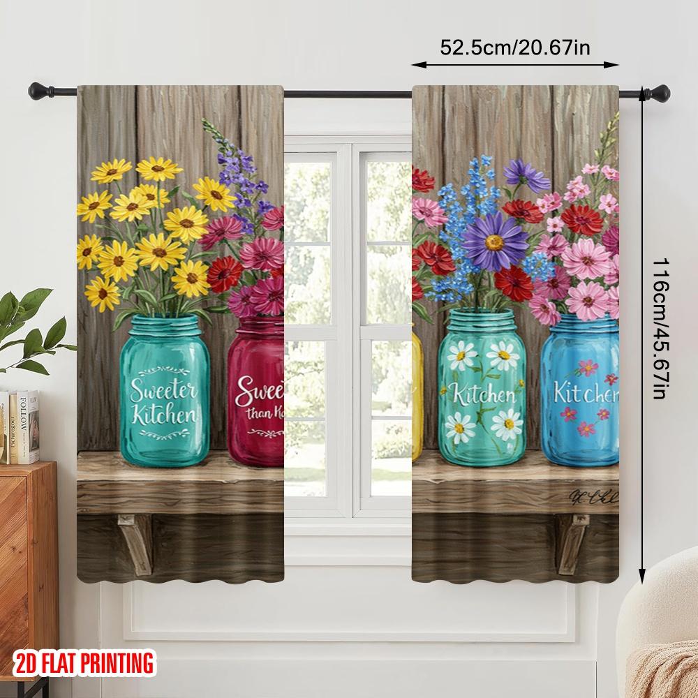 2pcs 2D flat printing Curtains Kitchen Flowers Mason Jars 100% Polyester Without Electricity Seasonal Party & Holiday Decor