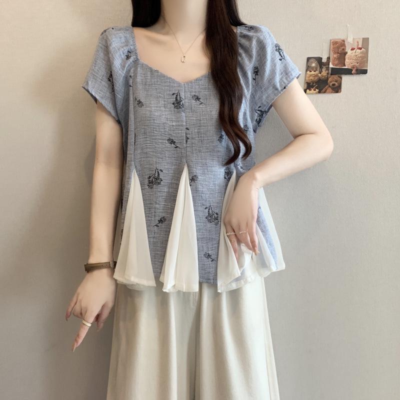 

Korean Sweet Rose Print Mesh Hem Summer Top Large 3XL синій