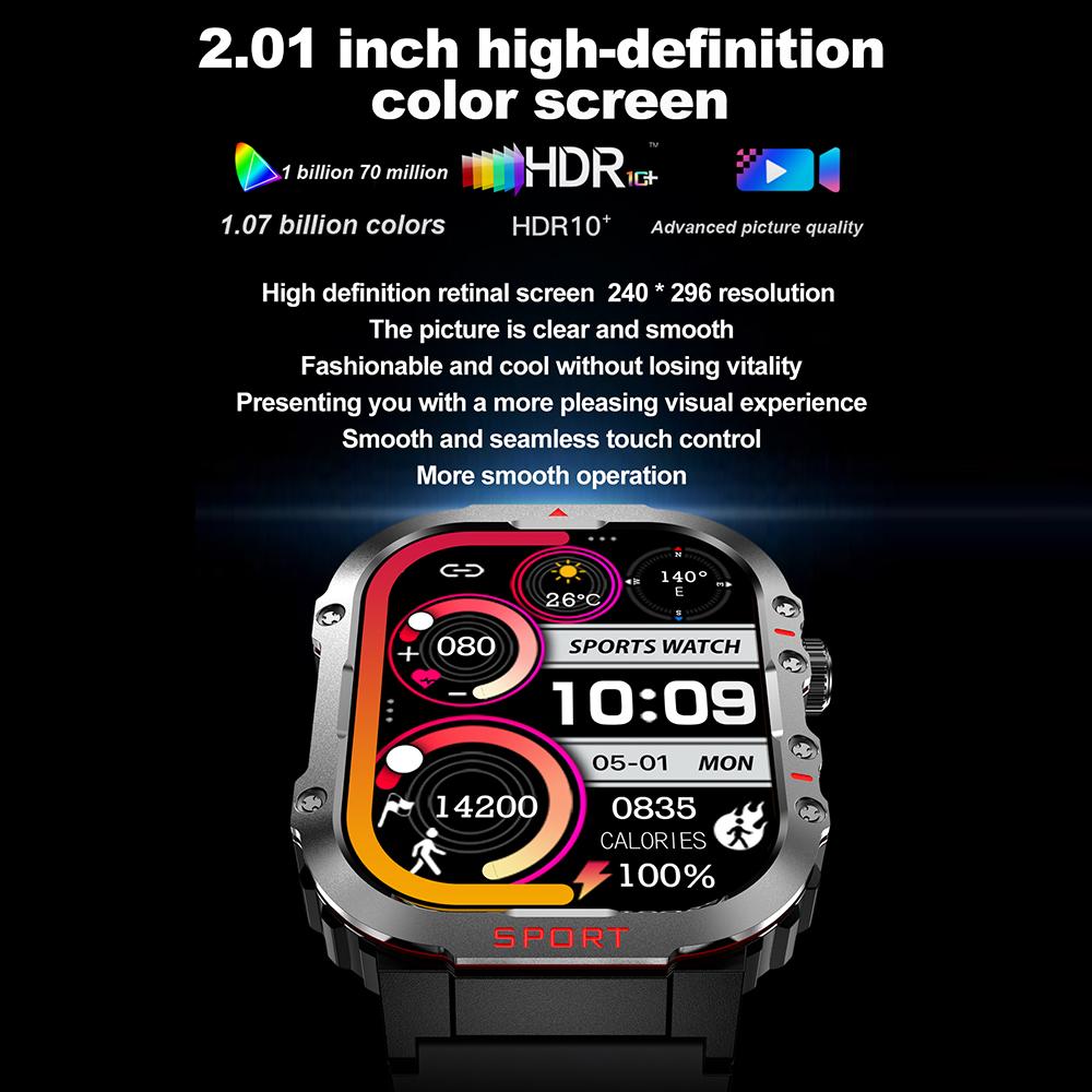 G45 1ATM Wasserdicht 2,01 Zoll Outdoor-Sport Bluetooth-kompatibel Anruf Smartwatch mit Kompass und Taschenlampe