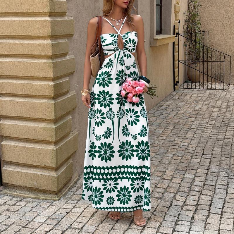Women's Green Floral Print Cutout Maxi Dress Halter Neck Sleeveless Long Dress