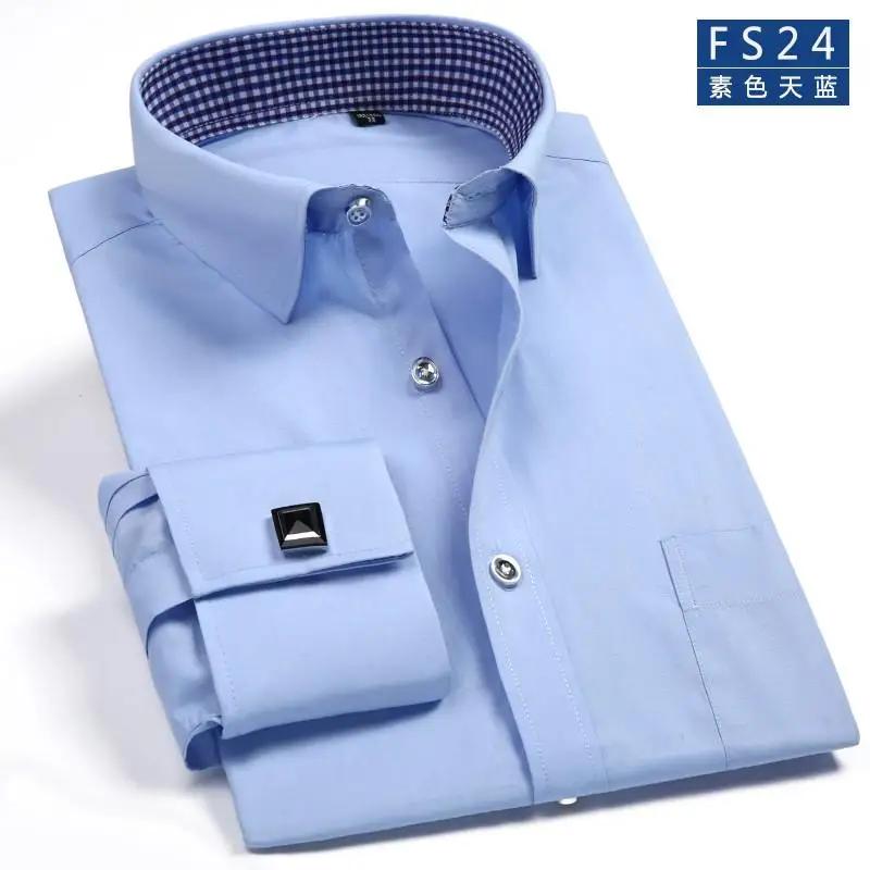 

2026 Classic Regular Fit White French Cufflinks Men s Business Dress Long Sleeve Shirt Lapel Men Social Shirt 44