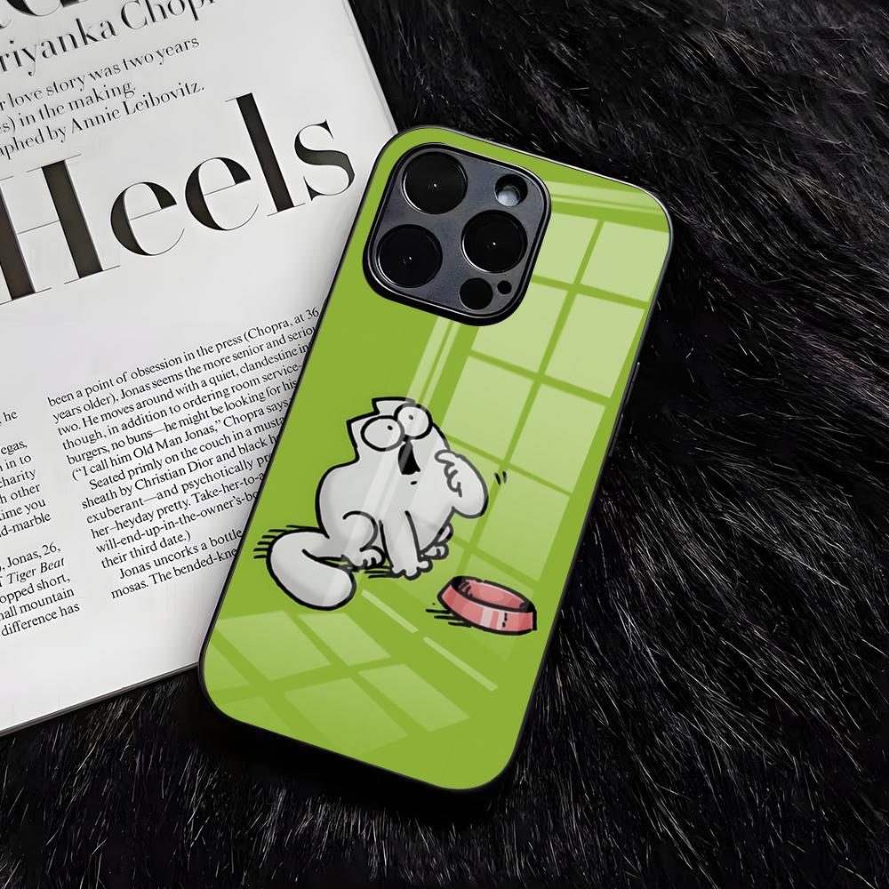 S-SIMONSE-C-CAT Phone Case For IPhone 17 Air 16 E Pro Max 15 14 13 Mini 12 Pro 11 Max Plus Black Glass Cover