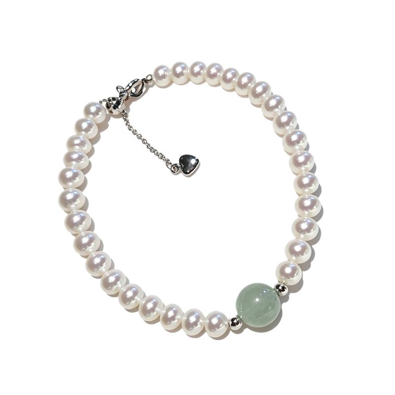 Natural Freshwater Near Round Pearl Bracelet 4-5mm Hetian Jade Accent Adjustable Retro Oriental Delicate Casual Jewelry Adjustable белый