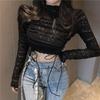 Autumn and Winter White Sexy Long Sleeve Lace Bottom Shirt Women's Short Half High Collar Versatile Top
