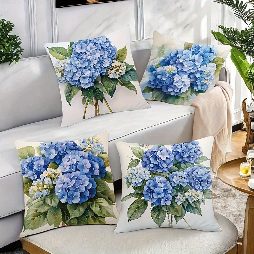 Blue Hydrangea Floral PillowcaseBedroom Sofa Decorative Cushion Cover With Zipper Soft Cushion Cover