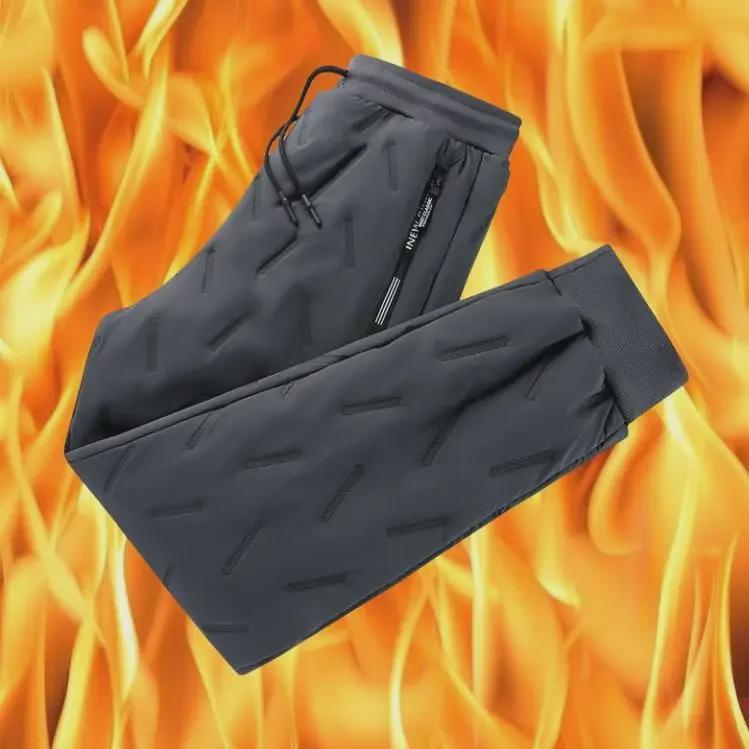 Men's Winter Lambskin Windproof Warm Three-Layer Trousers with Drawstring Elastic Waist