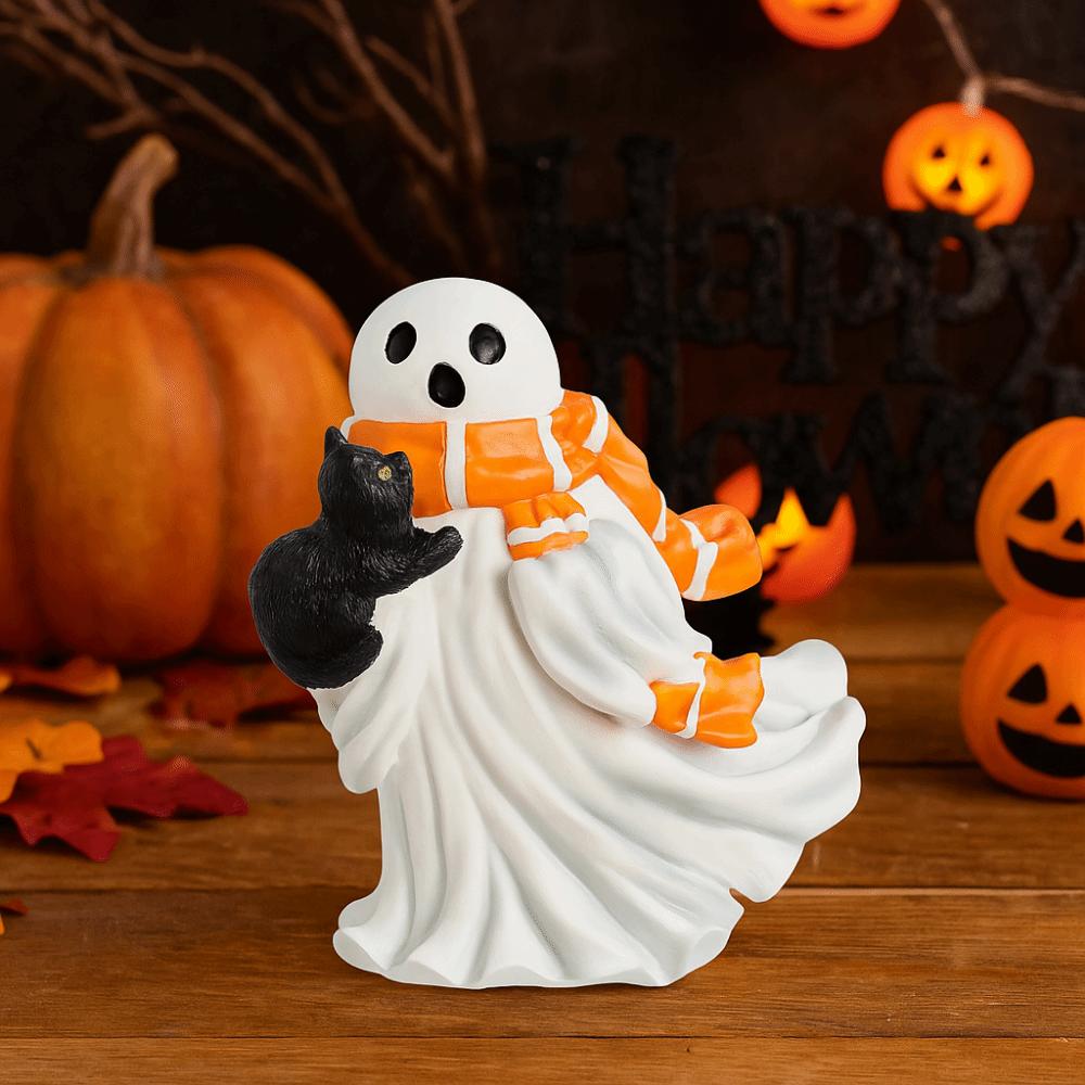 Creative Halloween Ghost Statue Cartoon Halloween Figurine Ghost Black Cat Sculpture  Office Decor