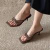 Sheepskin version~ Square head cross-strap high-heeled cool slippers femininity thin-heeled open-toed sandals for outer wear