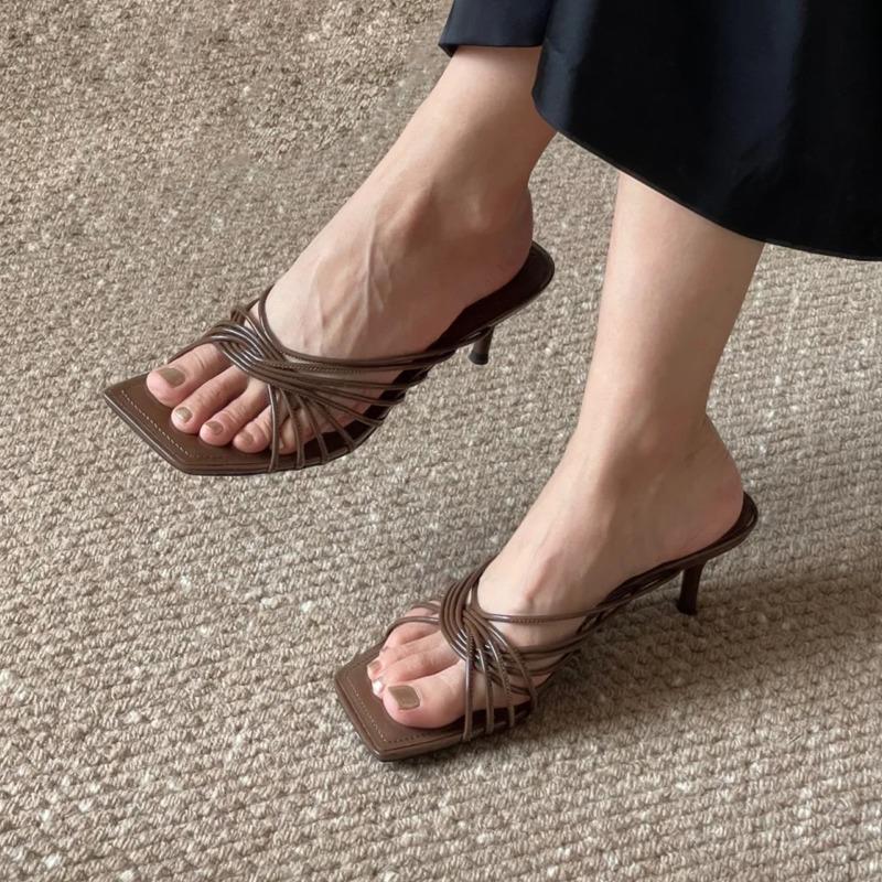 Sheepskin version~ Square head cross-strap high-heeled cool slippers femininity thin-heeled open-toed sandals for outer wear