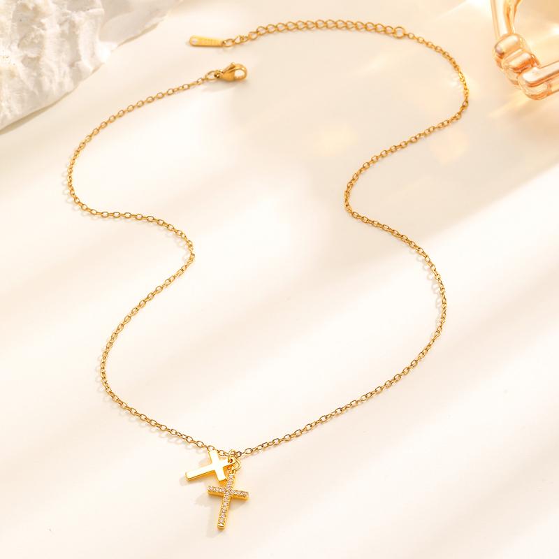 Luxury Stainless Steel Double-Layer Cross Pendant Necklace for Women Shiny Cubic Zirconia Geometric Clavicle Chain Daily Jewelry