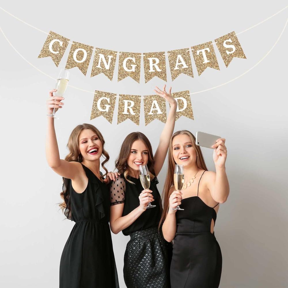3sets Pre-strung Congrats Grad Banner Golden Glitter Graduation Party Banner Pre-strung Garland on Strand Party Streamer Decorations & Decor