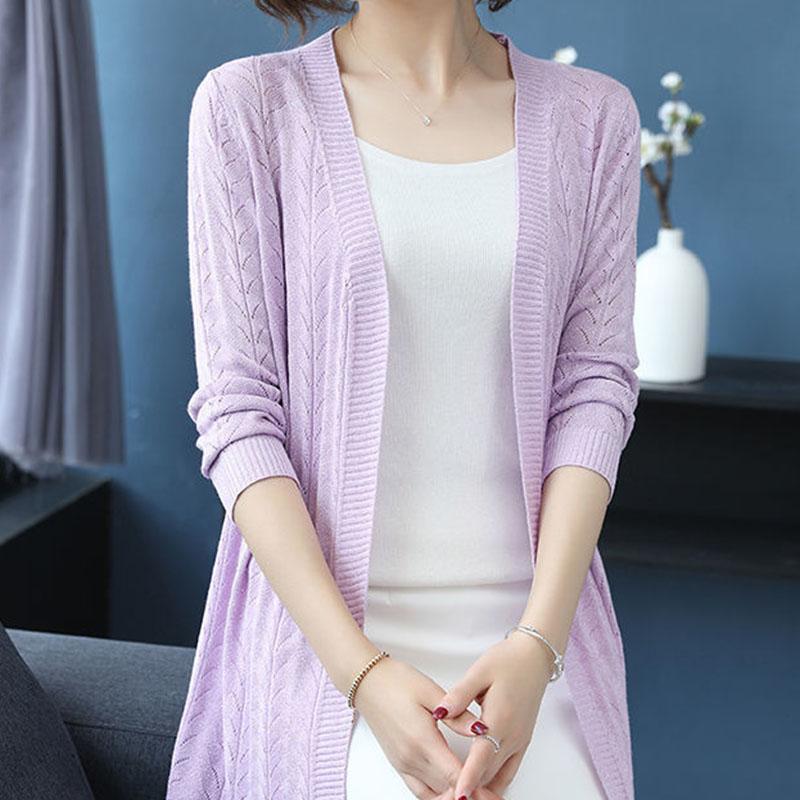 Jarní a podzimní dámský pletený kardigan vnější středně dlouhý tenký kabát