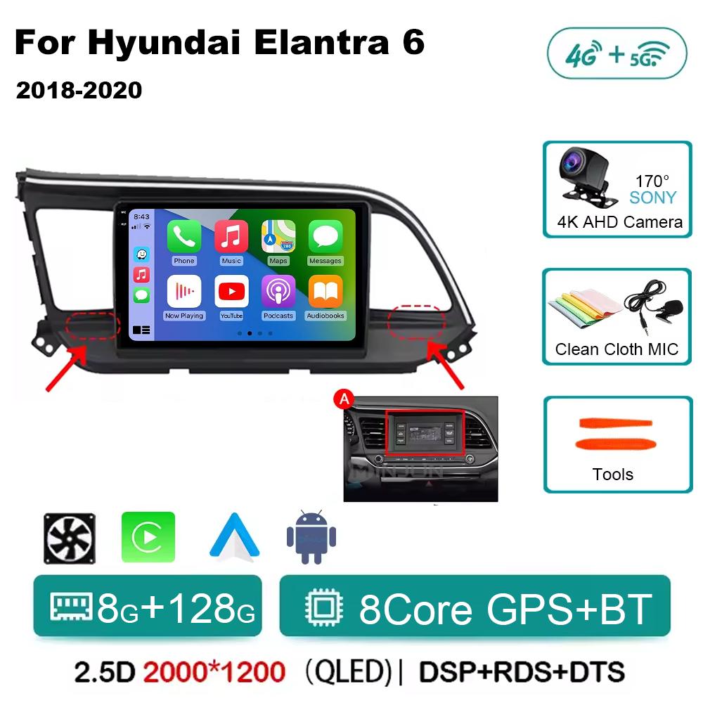 For Hyundai Elantra 6 2018 2019 2020 Car Radio Multimedia Video GPS Android 14 Wireless Apple Carplay QLED Screen Head Unit