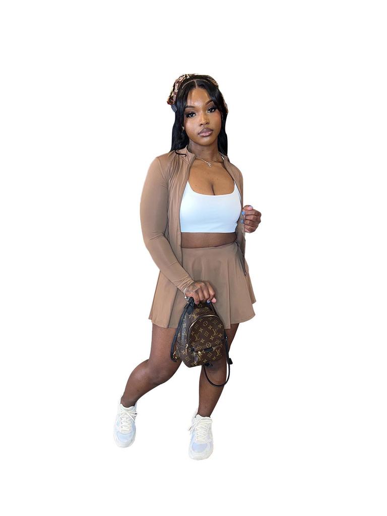 HR24029 Women's Sporty Casual Bodycon Waist-cinching Flared Skirt Set with Safety Shorts