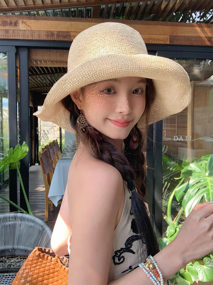 New French Floral Bow Straw Hat Women's Summer Seaside Beach Vacation Big Eaves Sunshade Sun Hat