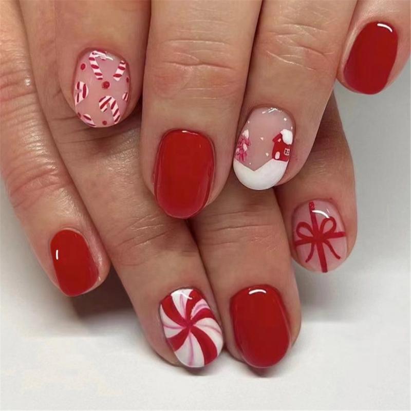 Short Square False Nails with Christmas Tree Christmas Press On Nails Stripes Full Cover Stick On Nails for Women Girls