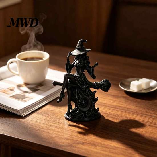 Creative Fantasy Room Accents Gothic Witch On Broom Statue, 3D Printed Spooky Tabletop Figurine for Decoration Home Party, Black Halloween Desk Decor