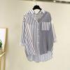 Damska koszula w paski, krótki przód i długi tył, klapy, długi rękaw, jednorzędowa, dopasowanie kolorystyczne, luźna, codzienna, do pracy, bluzka