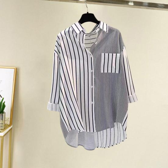 Damska koszula w paski, krótki przód i długi tył, klapy, długi rękaw, jednorzędowa, dopasowanie kolorystyczne, luźna, codzienna, do pracy, bluzka