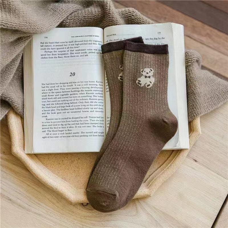 5 Pairs of Socks WOMEN'S Spring and Summer Thin Solid Color Teddy Bear Cartoon Boat Socks