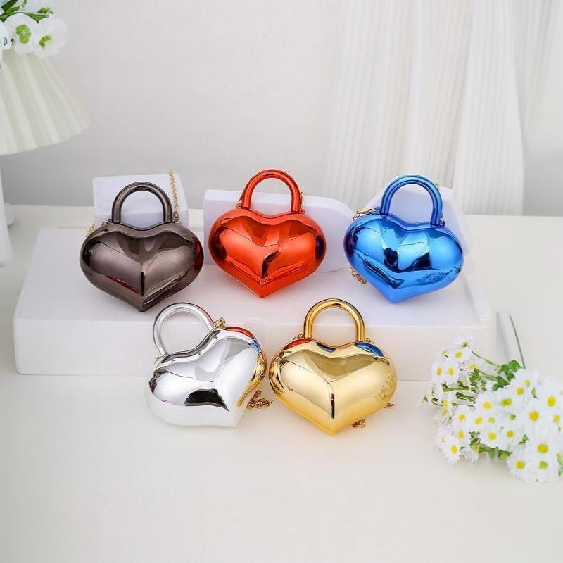 Metallic Heart Shaped Mini Crossbody Bag Glossy Finish Detachable Chain Strap Perfect For Party Wedding Date Night Events