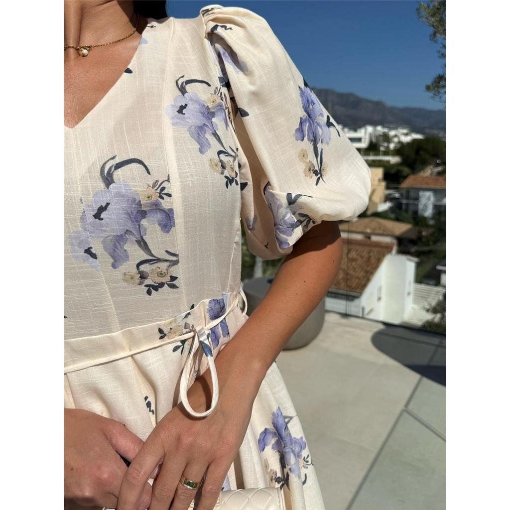 Summer New Women's Short Sleeve Printed Dresses Tie Waist Large Swing Dresses