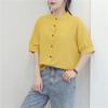 Women's Mandarin Collar Three-Quarter Puff Sleeve Blouse Loose Fit Vintage Casual Solid Linen Cotton Shirt Office Top
