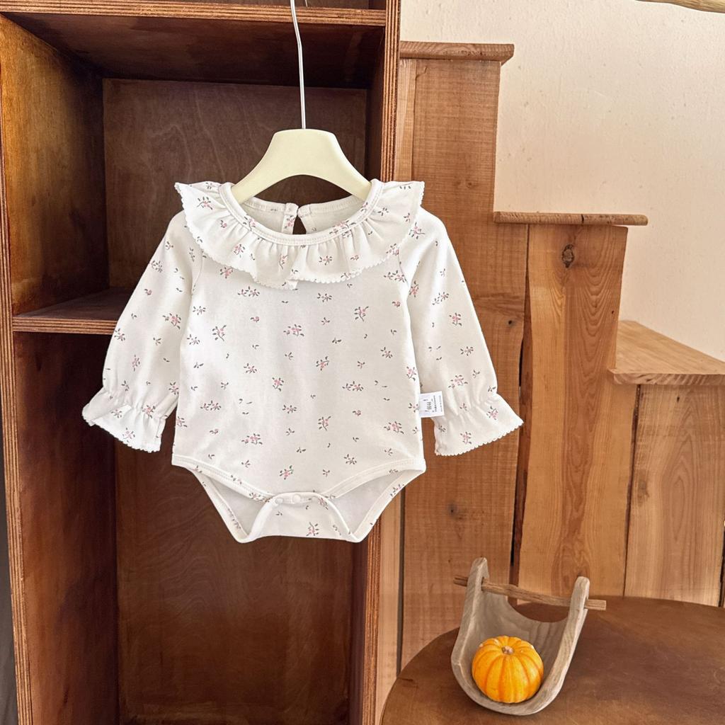 Renren 2025 Spring/Autumn New Arrival Baby Girls' Cotton Ruffled Collar Pullover Closure Base Romper Korean Style Long Sleeve
