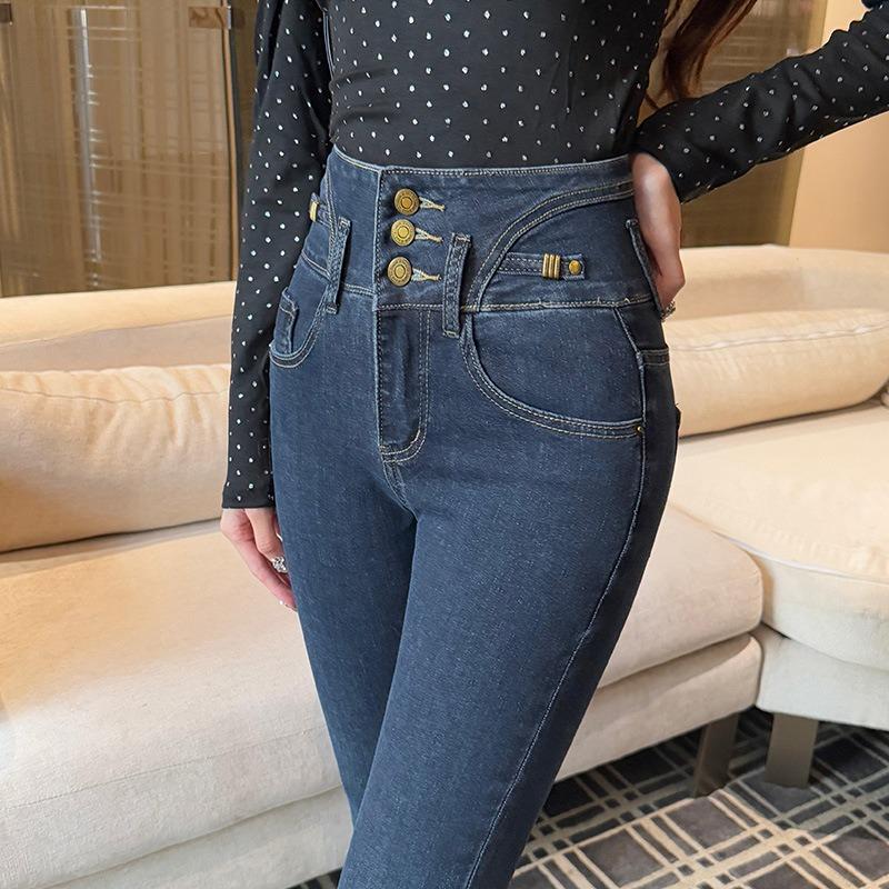 High-waisted Tight-fitting Small-footed Jeans for Women's Winter, New Velvet-breasted Pants with Belly and Hips, Pencil Boots.