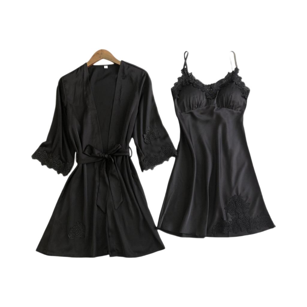 Set Pigiama - Camicia di Seta con Pizzo e Fascia Lingerie Homewear