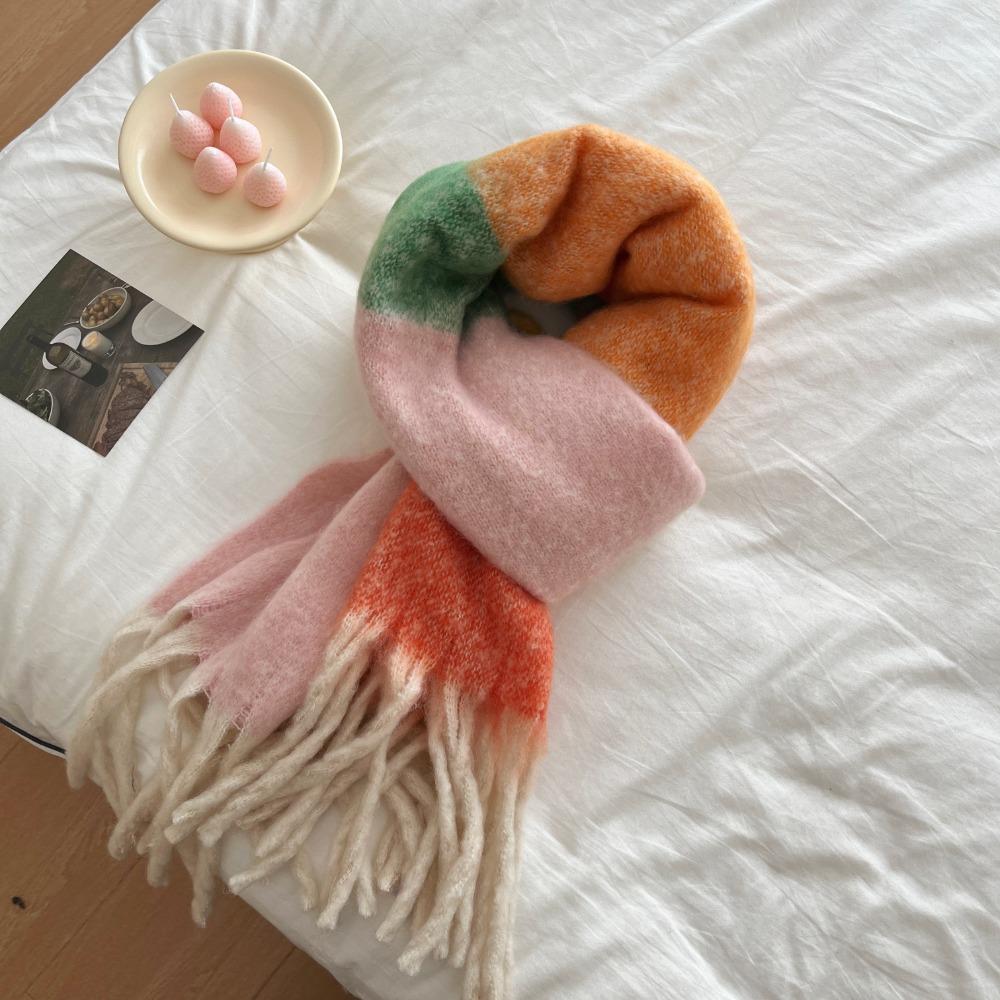 

Утолщенный цветной клетчатый плюшевый платок из шерсти с кисточками, зимний шейный платок из кашемира с радужным узором для студентов style3