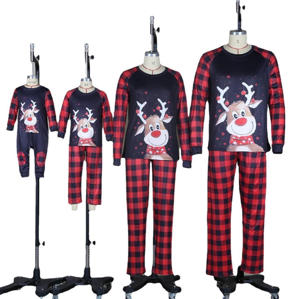 European-American Christmas Deer Print Pajamas - Family Matching Plaid Round Neck Set
