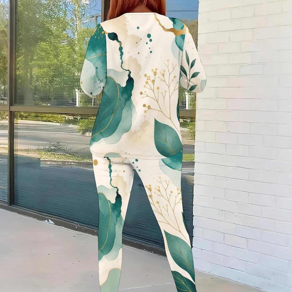 Women Plus Size Round Neck Long Sleeve Printed Top And Fitted Pants Two Piece Set