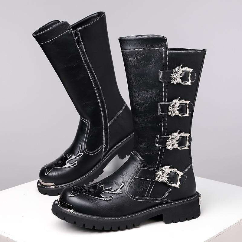 Large Size European Winter Martin Boots Men's High-top British Style Tooling Boots Riding Side Zipper Locomotive Leather Boots