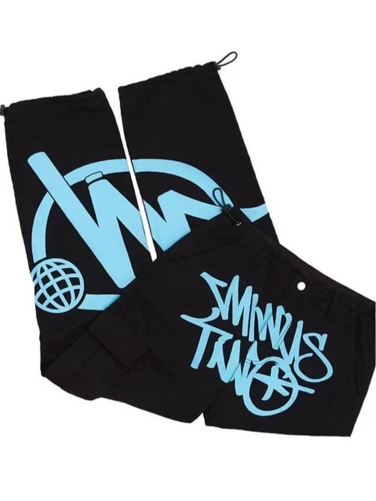 Men's High Waist Retro Y2K Print Pocket Overalls - Hip Hop Street Style