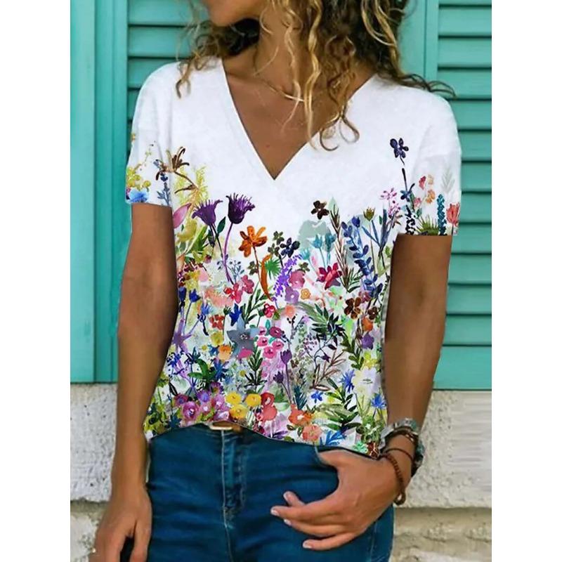 Plus Size 1XL-5XL Women's Summer V-neck Fashion Geometric Print T-shirt Women Casual Short Sleeved T-shirt